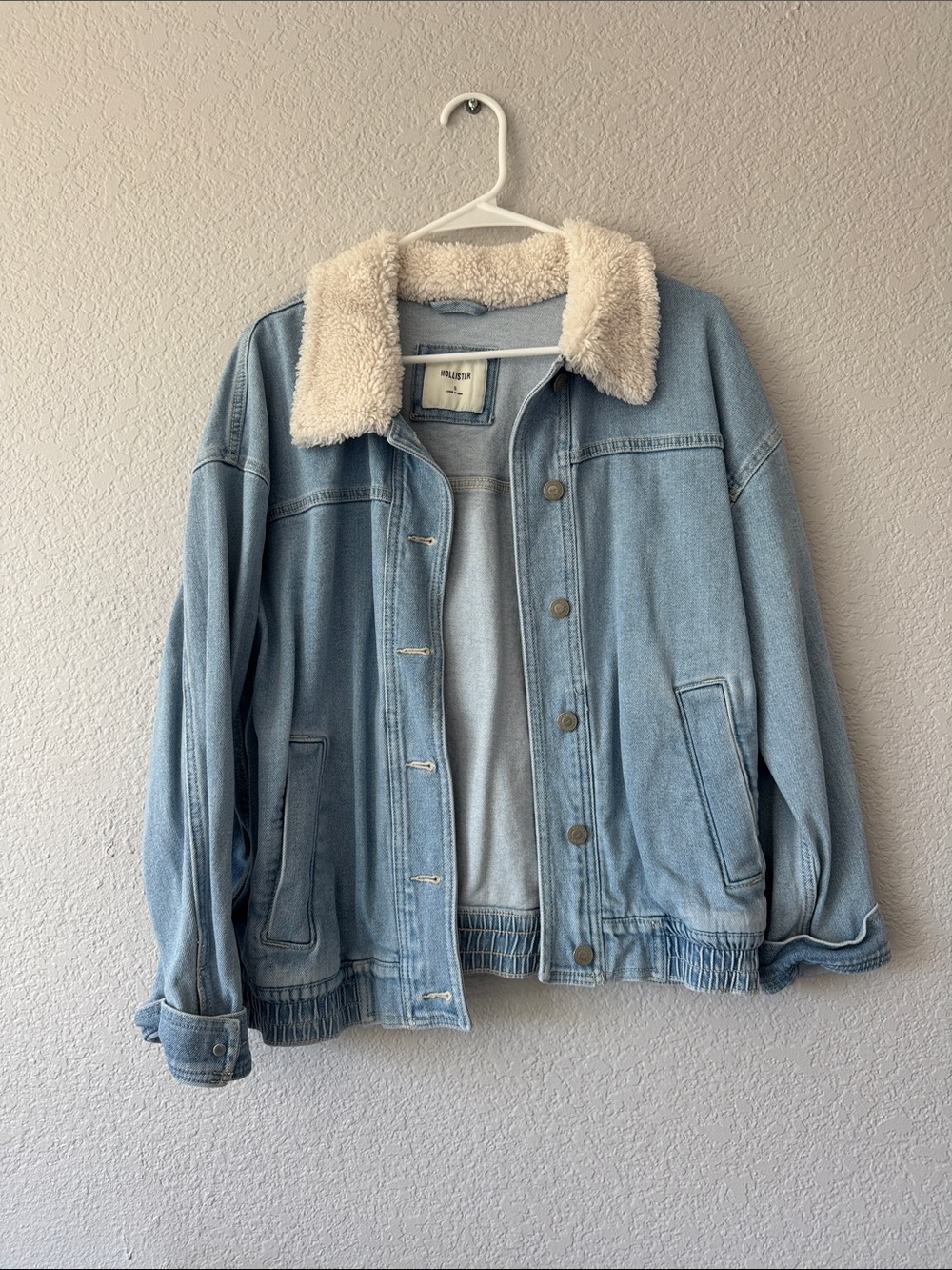 Hollister Light Blue Denim Jacket with Cream Sherpa Collar